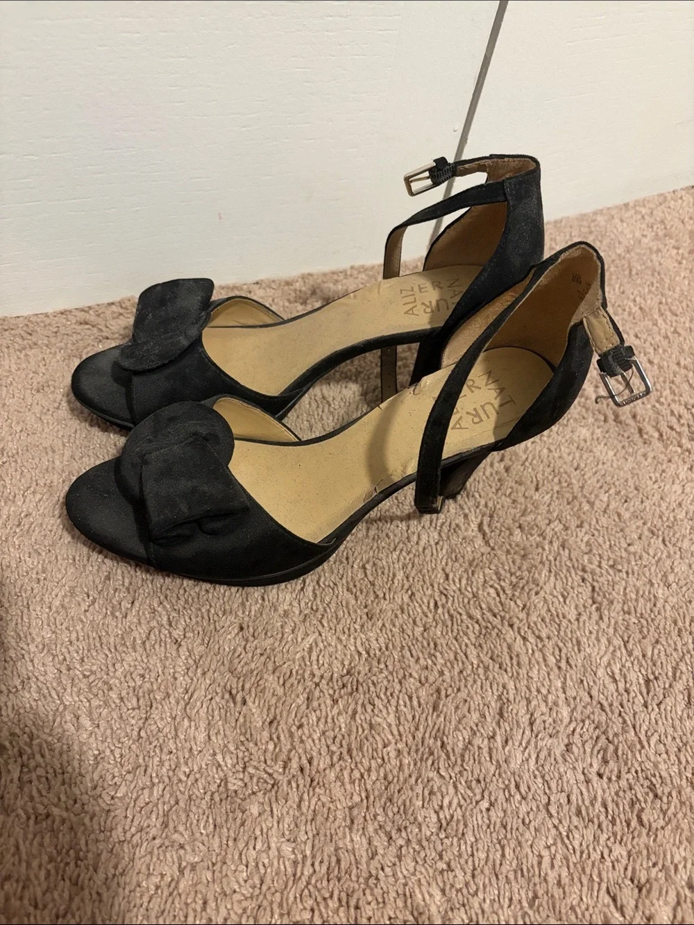 Naturalizer Black Open-Toe Ankle Strap Heels with Bow